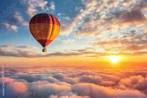 Hot Air Balloon Floating Above Clouds at Sunrise