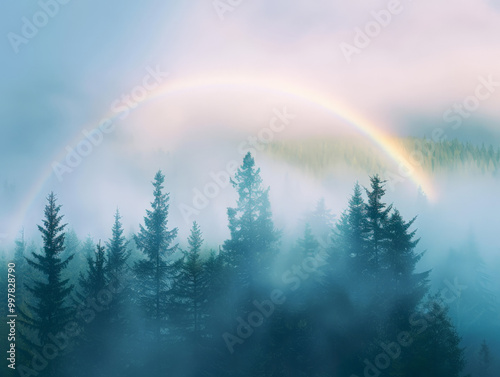 A fogbow arches over misty forest at dawn, creating serene and magical atmosphere. trees stand tall amidst ethereal mist, enhancing tranquil scene. photo