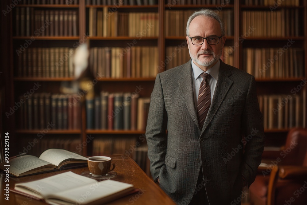 A distinguished professor poses confidently in a suit, surrounded by shelves lined with books in a warm study filled with knowledge. Generative AI A distinguished professor poses confidently in a suit, surrounded by shelves lined with books in a warm study filled with knowledge. Generative AI