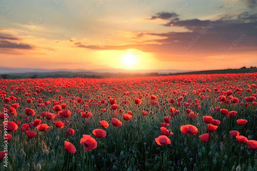 Fototapeta premium Breathtaking landscape of a poppy field at sunset with the sun dipping low on the horizon, casting a warm glow over the vibrant red flowers