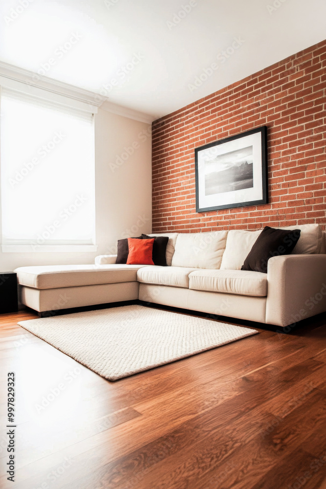 Modern living room with a brick wall, cozy couch, and natural light in a stylish urban apartment Modern living room with a brick wall, cozy couch, and natural light in a stylish urban apartment