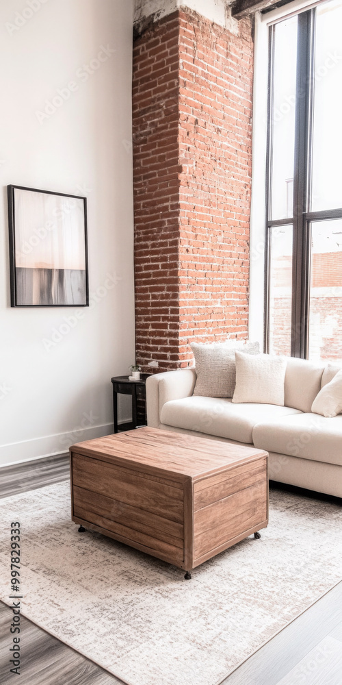 Cozy living room featuring a light sofa, wooden coffee table, and large windows allowing natural light in a modern urban setting Cozy living room featuring a light sofa, wooden coffee table, and large windows allowing natural light in a modern urban setting