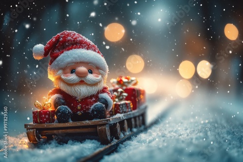 Christmas decoration with Santa Claus toy and gift box on bokeh background. Santa Claus on a small wooden sleigh with gifts. Christmas greeting card.