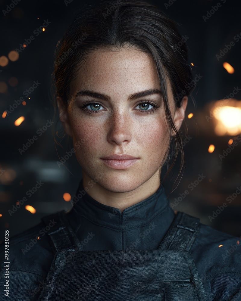 Intense gaze of a woman in a dark outfit Intense gaze of a woman in a dark outfit