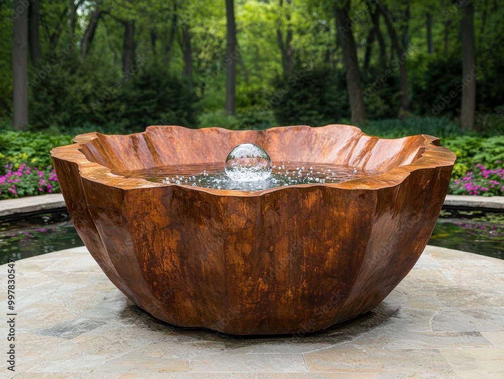 Fototapeta premium Wooden water feature with glass sphere in lush garden