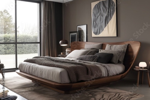 Sleek and modern mid-century bedroom with low-profile bed and minimalist interior design.