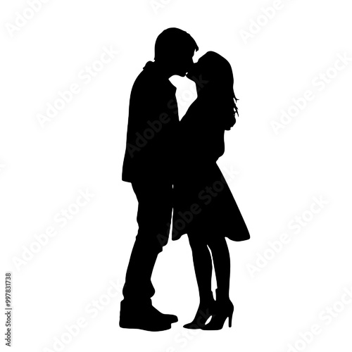 Silhouette of Embracing Couple Kissing – Vector for Romantic Projects