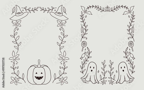 Hallowen frame, border, Background. cute illustration pumpkin, witch hat, flower lineart for coloring pages or invitation design