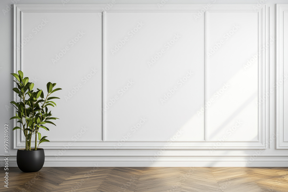 Modern minimalist interior with a white paneled wall, elegant wooden flooring, and a potted green plant adding a touch of nature and sophistication to the space. Modern minimalist interior with a white paneled wall, elegant wooden flooring, and a potted green plant adding a touch of nature and sophistication to the space.