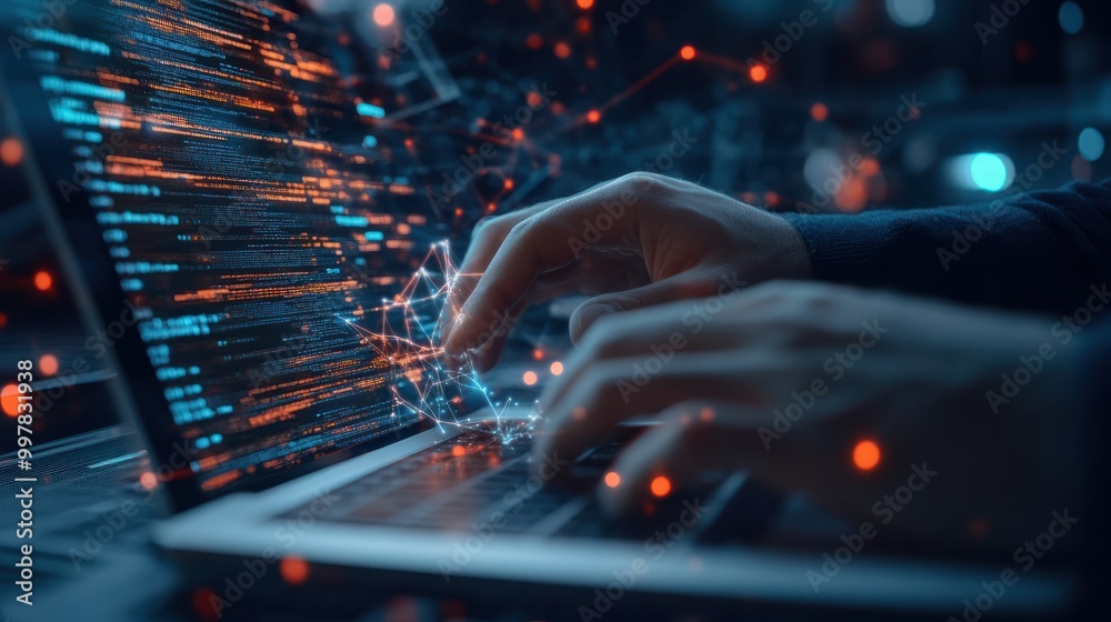 Close-up of a software engineer's hands working on a laptop with a digital overlay of global connections and binary code, showcasing the integration of advanced technology in IT support Close-up of a software engineer's hands working on a laptop with a digital overlay of global connections and binary code, showcasing the integration of advanced technology in IT support