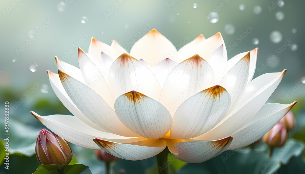 Fototapeta premium Giant White Lotus with Metallic Gold Edges in Dreamy Green and Blue Background with Dewdrops