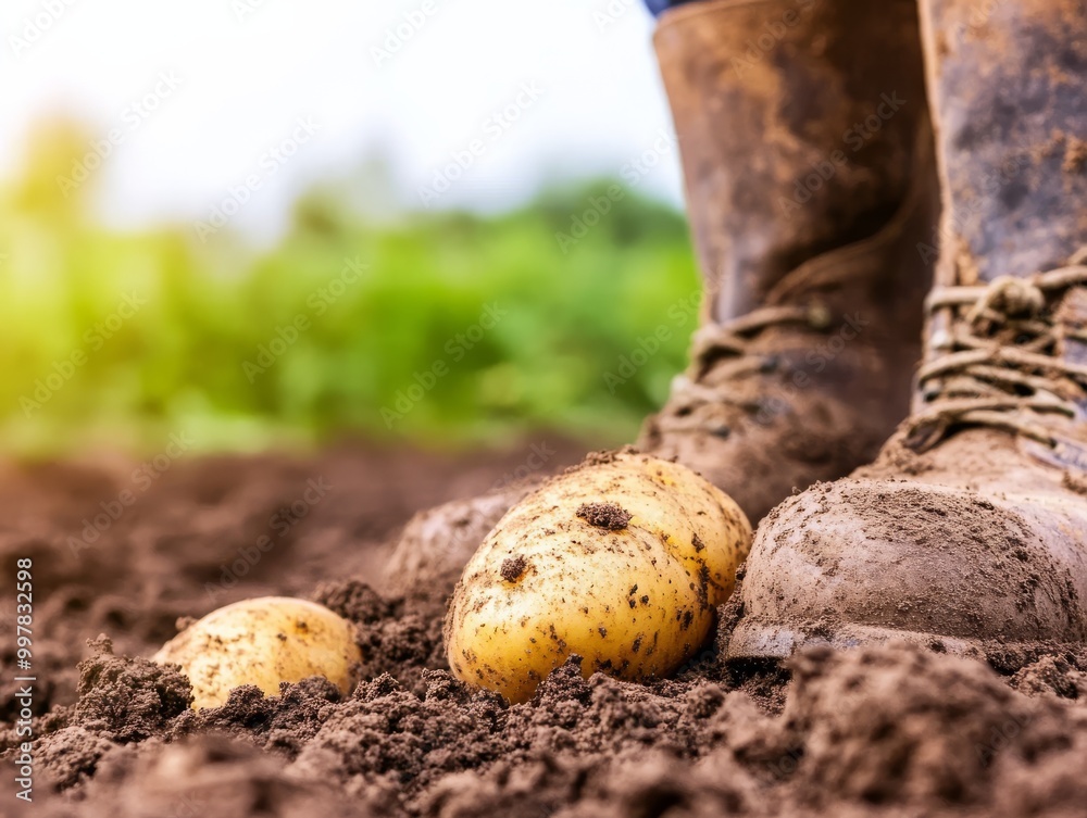 a detailed shot of freshly dug potatoes on the ground covered in soil organic vegetables rural farming freshly harvested with the boots of a farmer visible in the background symbolizing hard work and a detailed shot of freshly dug potatoes on the ground covered in soil organic vegetables rural farming freshly harvested with the boots of a farmer visible in the background symbolizing hard work and