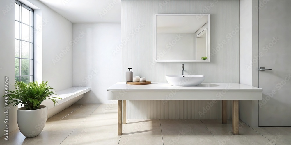 Fototapeta premium Empty white table in pristine bathroom with space, high angle view