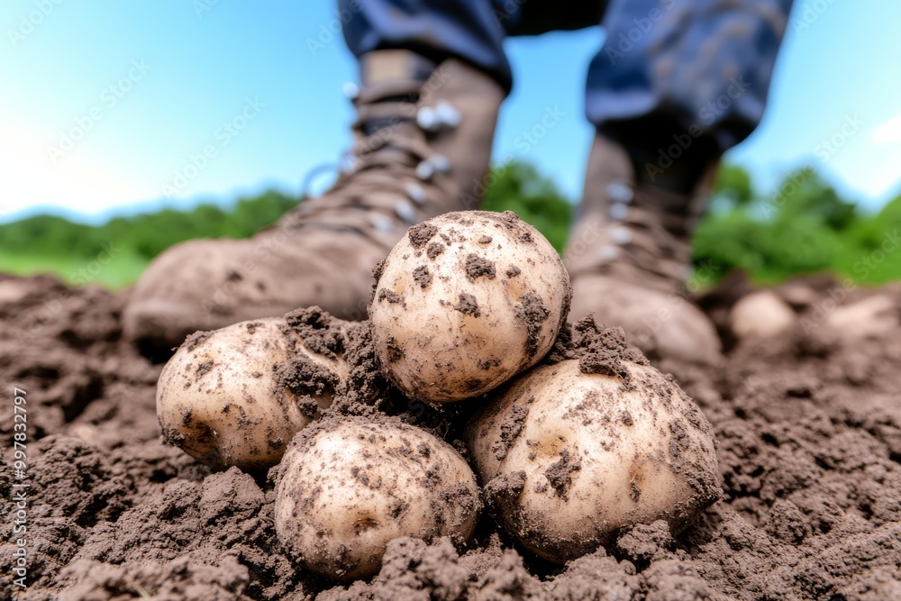 a detailed shot of freshly dug potatoes on the ground covered in soil organic vegetables rural farming freshly harvested with the boots of a farmer visible in the background symbolizing hard work and a detailed shot of freshly dug potatoes on the ground covered in soil organic vegetables rural farming freshly harvested with the boots of a farmer visible in the background symbolizing hard work and