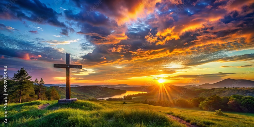 Obraz premium A tranquil landscape features a cross, embodying faith, hope, and spirituality, harmonizing with nature's beauty and