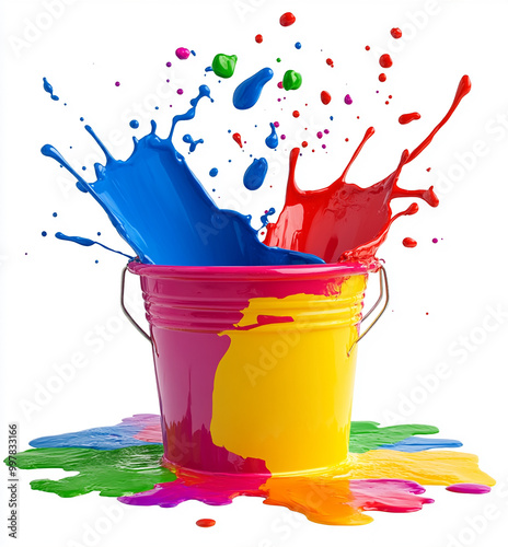 Colorful paint bucket with colorful splashes isolated on a white background