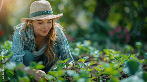 Smiling woman with a hat gardening in a vegetable plot on a sunny day