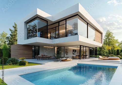 Modern house with a swimming pool and garden, a white modern architectural house in the forest. Created with AI