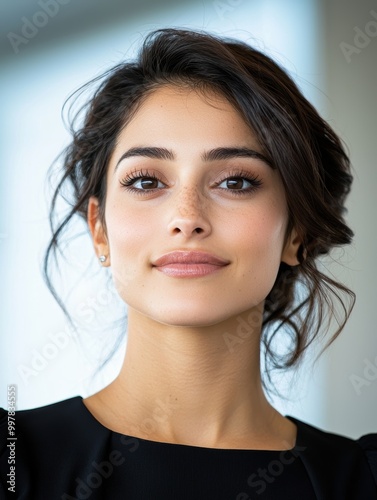 Elegant woman with natural makeup and wavy hair