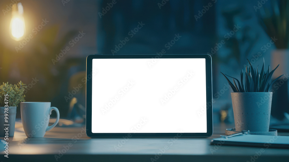 Transparent tablet screen on desk with coffee mug and warm lighting at night Transparent tablet screen on desk with coffee mug and warm lighting at night