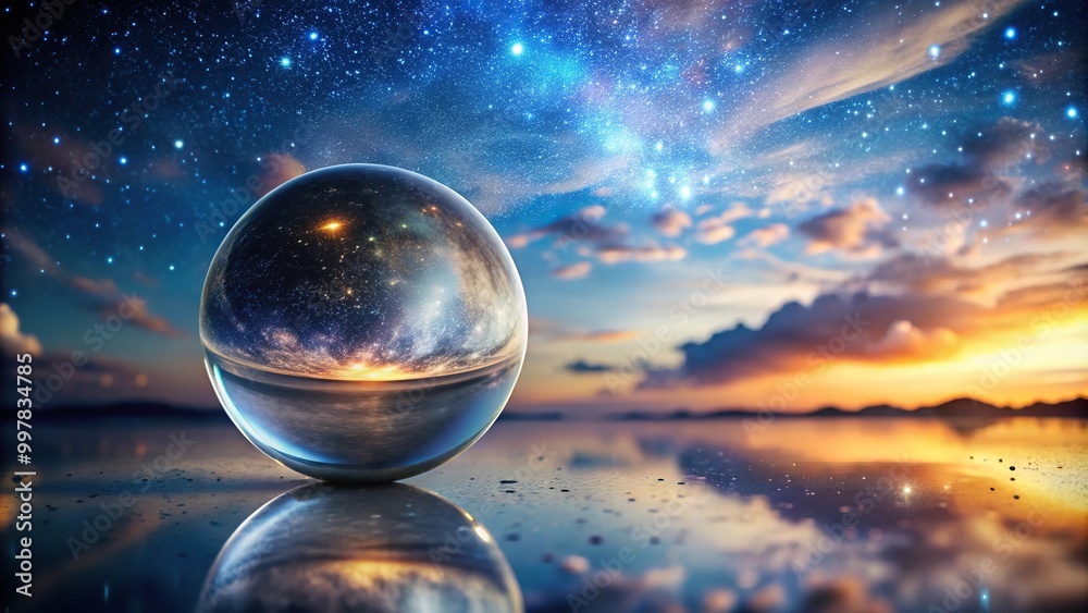 Enchanted crystal ball reflecting night sky Enchanted crystal ball reflecting night sky