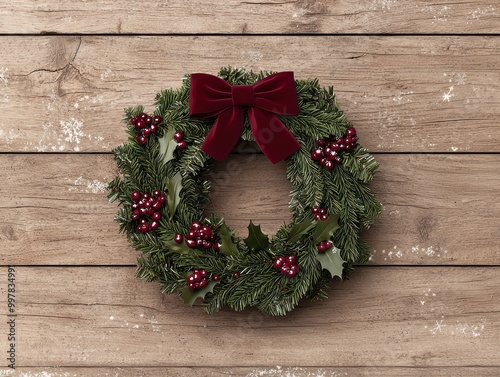 christmas wreath with red bow on wooden background