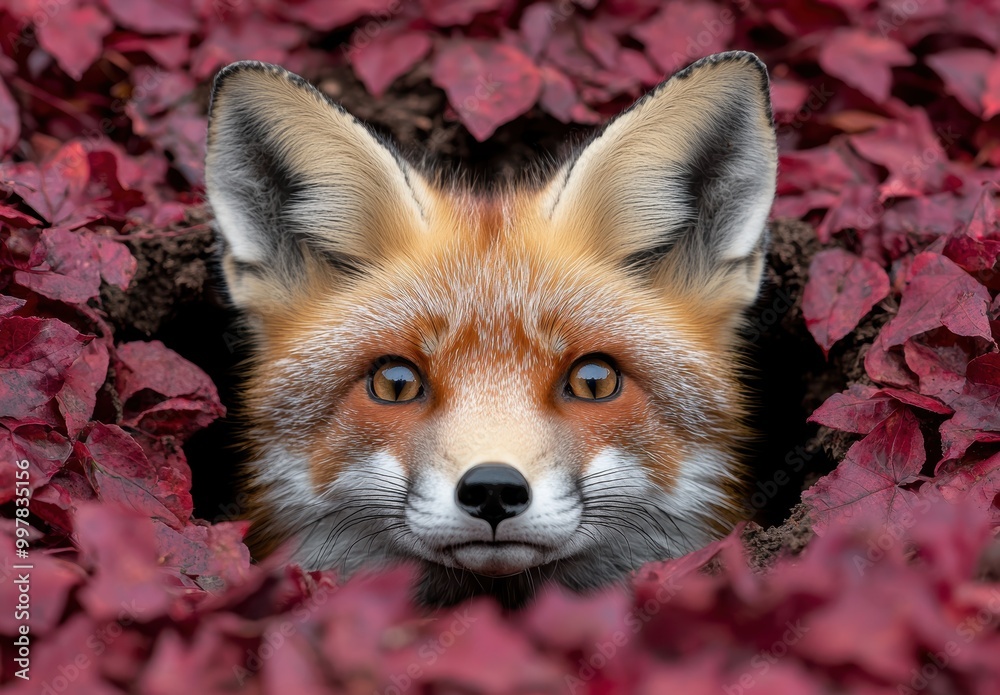 Obraz premium curious fox peering through autumn leaves