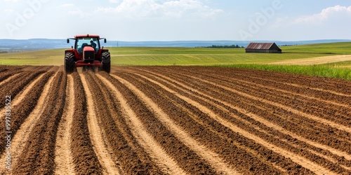 a tractor plowing through a potato field in Belarus leaving neat rows of soil agricultural machinery farming equipment rural life with a barn and a farmhouse in the distance