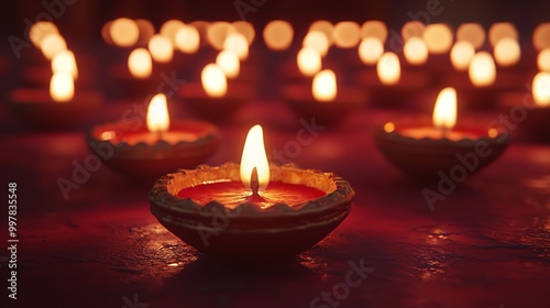 Clay diya lamps lit during diwali celebration. greetings card design indian hindu light festival called