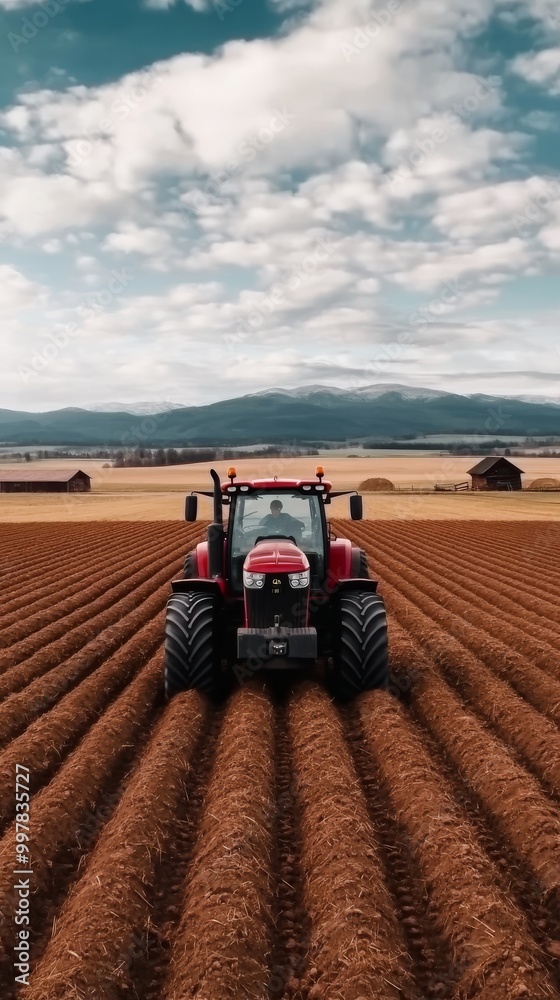 Obraz premium a tractor plowing through a potato field in Belarus leaving neat rows of soil agricultural machinery farming equipment rural life with a barn and a farmhouse in the distance
