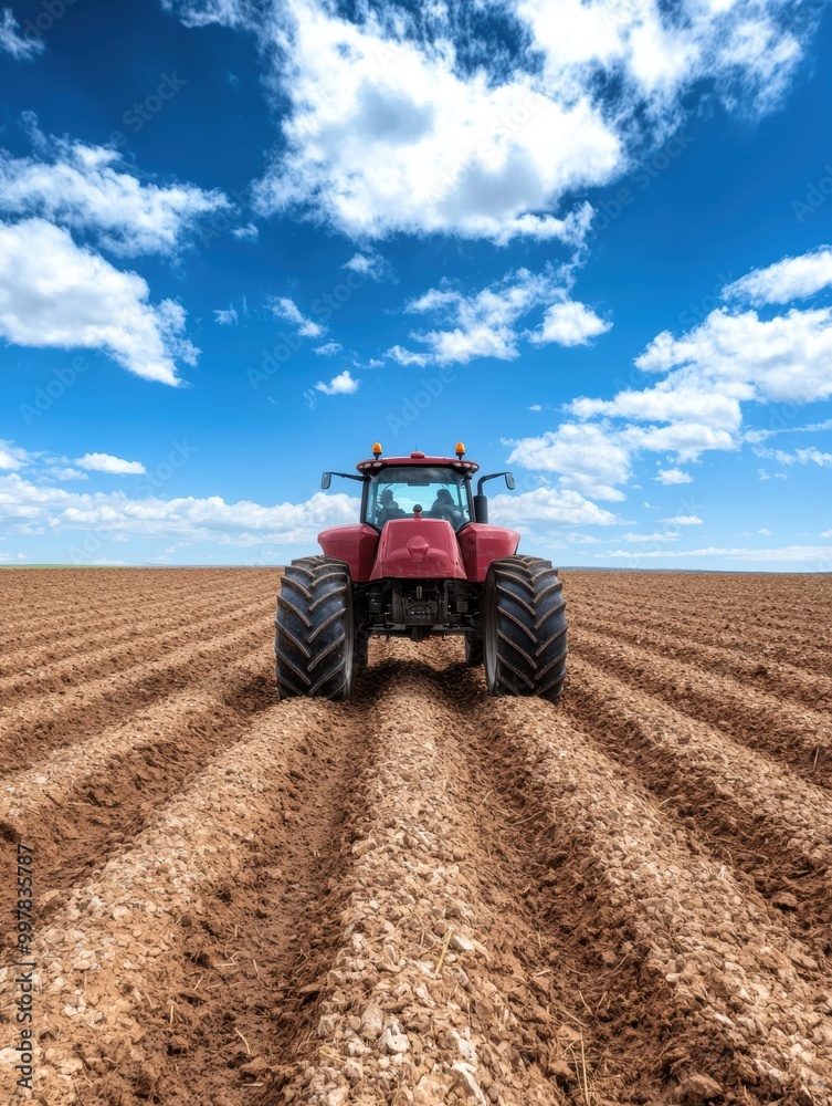 Red tractor plowing agricultural field under blue sky Red tractor plowing agricultural field under blue sky