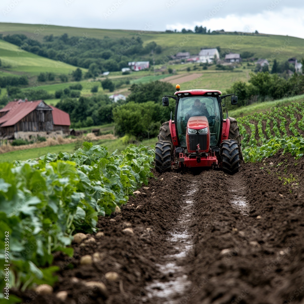 a tractor plowing through a potato field in Belarus leaving neat rows of soil agricultural machinery farming equipment rural life with a barn and a farmhouse in the distance a tractor plowing through a potato field in Belarus leaving neat rows of soil agricultural machinery farming equipment rural life with a barn and a farmhouse in the distance