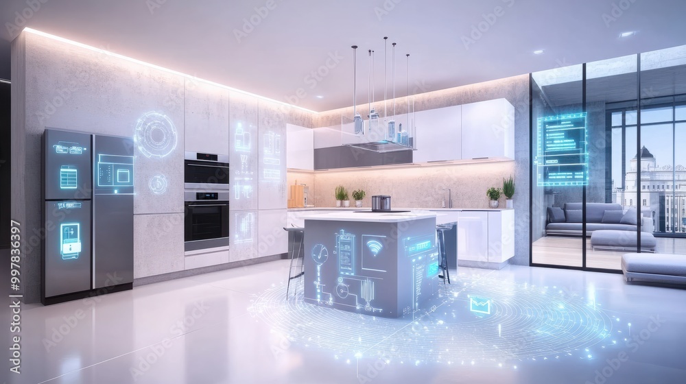 Futuristic smart home interiors showcase the Internet of Things (IoT) connectivity concept with networked devices and appliances. Futuristic smart home interiors showcase the Internet of Things (IoT) connectivity concept with networked devices and appliances.