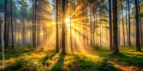 Enchanting forest with sunlight streaming through foggy trees at sunrise or sunset