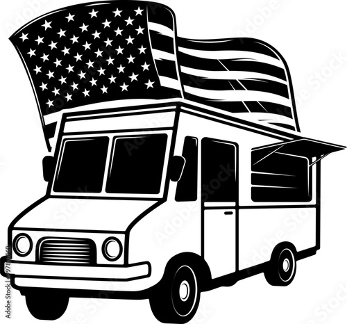 Retro food truck with american flag. Design element for poster, card, banner, sign. Vector illustration