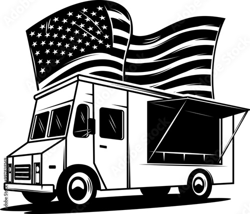 Retro food truck with american flag. Design element for poster, card, banner, sign. Vector illustration