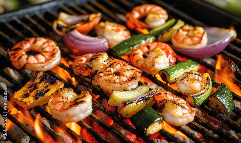 Grilled Shrimp and Vegetables on BBQ Grill. Grilled Shrimp and Vegetables on BBQ Grill.