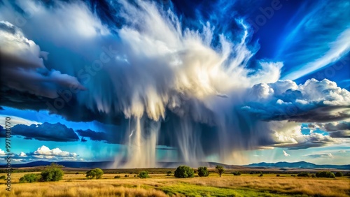 Beautiful virga clouds cascade rain towards a tranquil landscape, contrasting vividly against the deep blue sky,