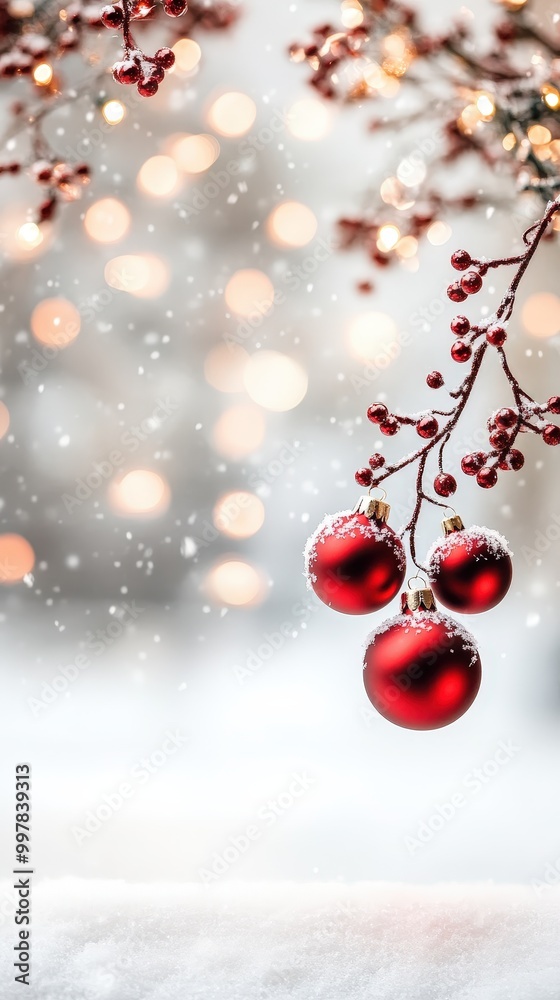 Christmas Ornament on Snowy Branch with Lights. Christmas Ornament on Snowy Branch with Lights.
