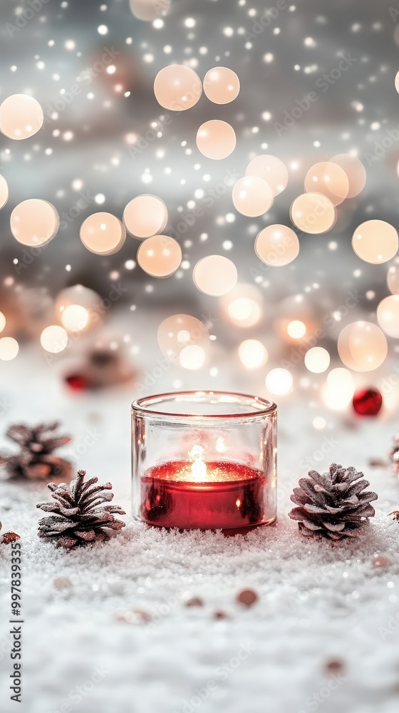 Red Candle With Pine Cones in Snow With Bokeh Lights. Red Candle With Pine Cones in Snow With Bokeh Lights.