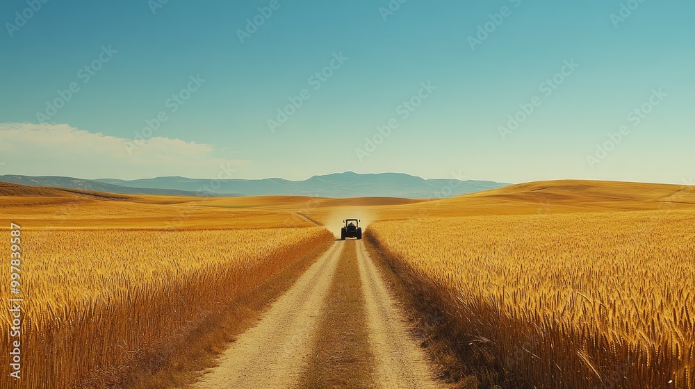 A rural dirt road leading through golden fields of wheat, with a tractor slowly making its way across the horizon.