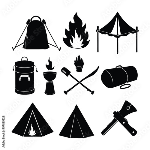 Set of Camping Silhouette Vector Elements.