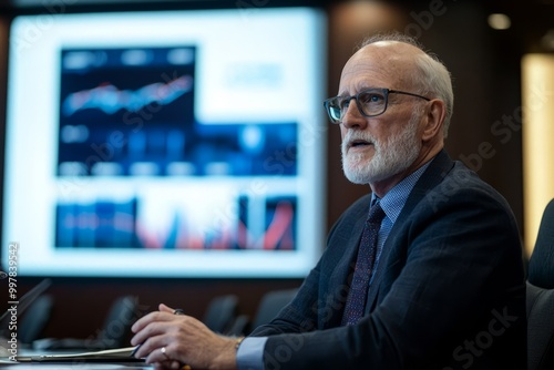 A senior executive addressing the board, highlighting key points on a large screen behind them, Generative AI 