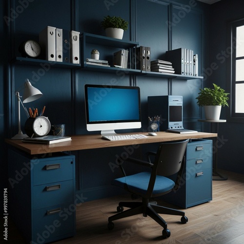 a desk with a computer and a keyboard and a cup of pencils.