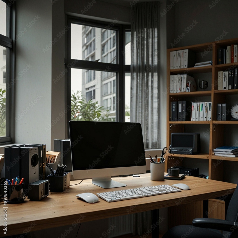 a desk with a computer and a keyboard and a cup of pencils. a desk with a computer and a keyboard and a cup of pencils.