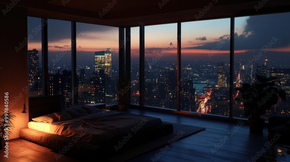 Fototapeta premium penthouse bedroom at night, dark gloomy, A room with a view of the city from the bed, generative ai