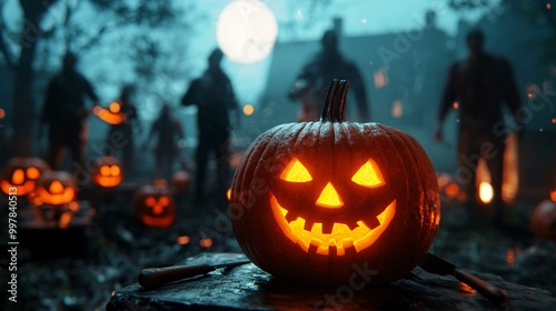 A glowing jack-o'-lantern stands in the foreground, with shadowy figures and more pumpkins under a full moon, creating a spooky Halloween atmosphere.
