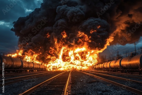 Large explosion fire smoke sky is dark cloudy Train derailed exploding photo