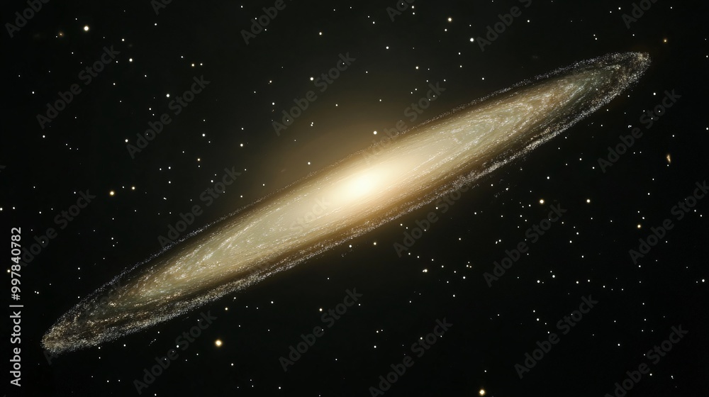 A spiral galaxy with a bright core surrounded by a ring of stars against a dark space with a scattering of stars. A spiral galaxy with a bright core surrounded by a ring of stars against a dark space with a scattering of stars.