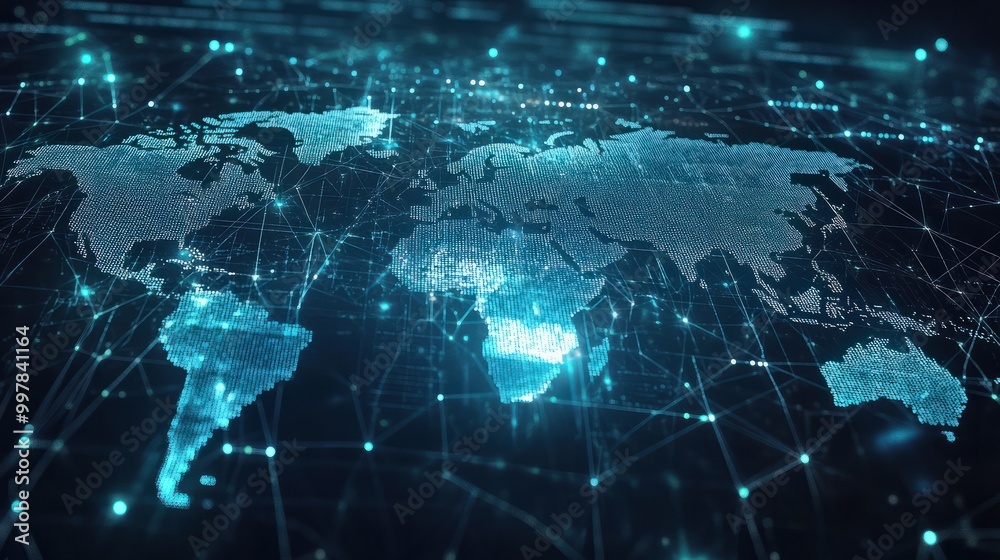 Fototapeta premium Reflection Abstract digital world map, concept of global network and connectivity on Earth, data transfer and cyber technology, information exchange and international telecommunication, Ai